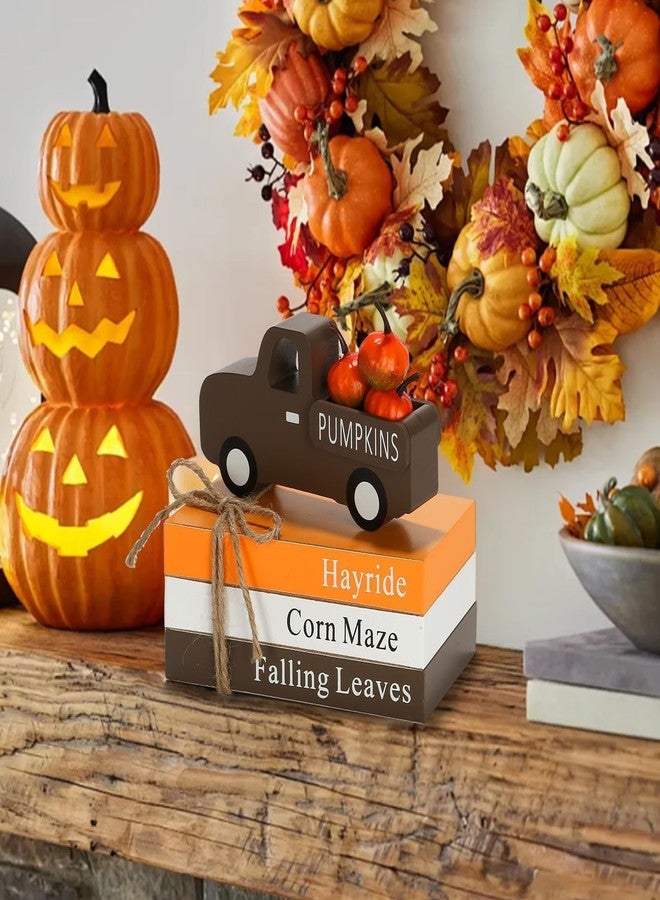 SYNCVIBE Fall Decorations for Home 7PCS Table Centerpieces, Tabletop Thanksgiving Decor for Tiered Tray Shelf Mantel Office Desk Thanksgiving Autumn Decoration Farmhouse Wood Faux Book Stack and Pumpkin Sign - Image 2
